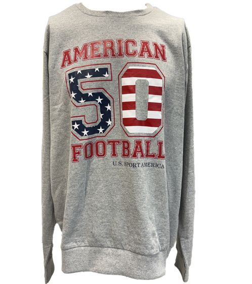 U.S. SPORT AMERICA Herren Sweater mit großem Schriftzug Baumwoll-Langarm-Shirt Sommer-Pullover Freizeit-Shirt Grau
