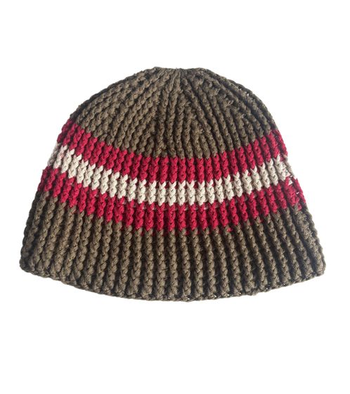 Stylish crocheted winter hat, soft knitted hat with stripes, cotton hat 7313GUY olive green/red/white