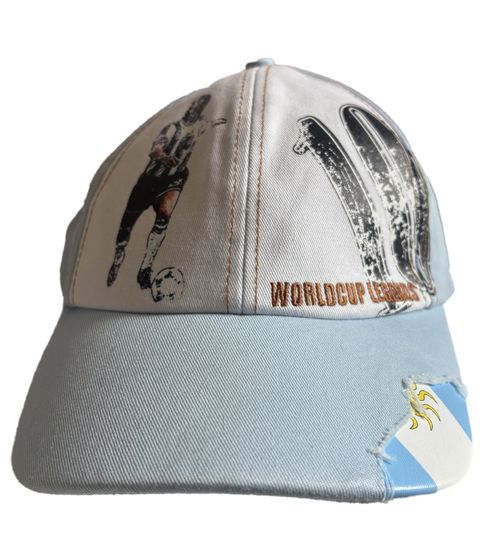WORLDCUP LEGENDS Unisex Baseball Cap in Argentina Design. Cotton Cap with Diego Maradona Print. Curved Brim Cap with Damaged Look. TC123029WCL Blue/White