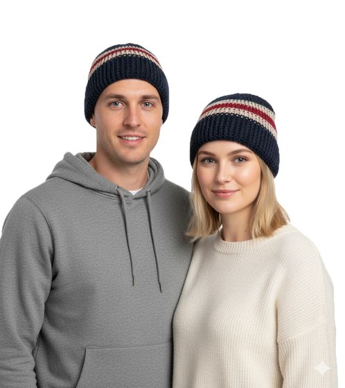 Stylische Häkel-Mütze Winter-Mütze weiche Strick-Mütze mit Streifen Baumwoll-Mütze 7314GUY Navy/Weiß/Rot