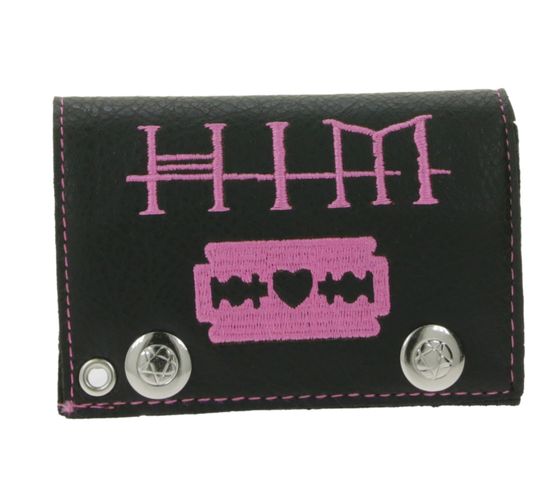 HIM Leather Wallet with Pink Heartagram Motif, Metal Snap Fasteners, and Chain, Rocky Gothic Style LW825951HIM0 Black/Pink