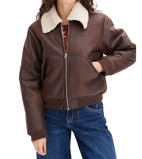 nachhaltige Damen Lederimitat-Jacke hochwertige Piloten-Jacke mit Kunstfell-Kragen 933611 Braun