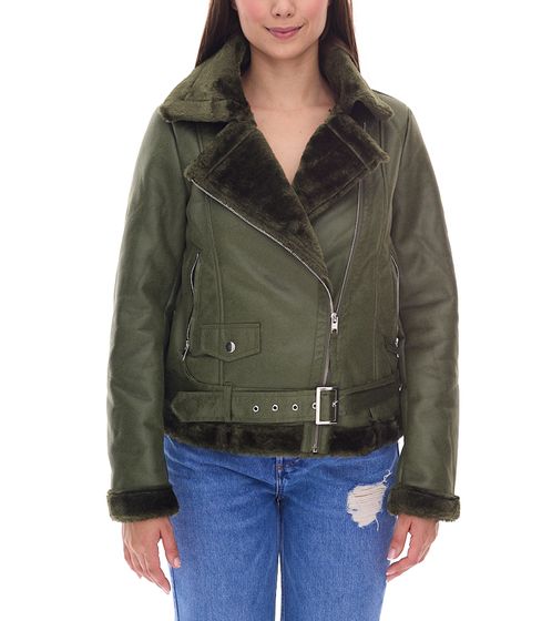 Damen Biker-Jacke Übergangs-Jacke mit Reverskragen Kunstleder-Jacke 923116 Grün