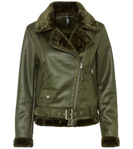 Women's Biker Jacket, Transition Jacket with Lapel Collar, Faux Leather Jacket 923116 Green