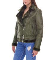 Chaqueta Biker para Mujer, Chaqueta de Transición con Cuello de Solapa, Chaqueta de Piel Sintética 923116 Verde