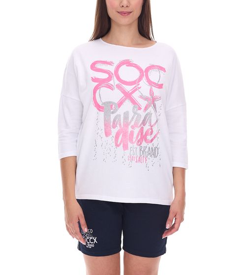 SOCCX Damen Oversized Sweatshirt mit Rundhals-Ausschnitt Alltags-Pulli 364387_2007 Weiß