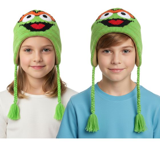 Sesamstraße Oskar aus der Tonne Mütze Kinder Beanie mit Zöpfen KC148220SES Grün