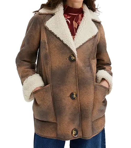 nachhaltige Damen Lederimitat-Jacke mit Kunstlammfell-Kragen Oversized-Jacke Große Größen 970065 Braun
