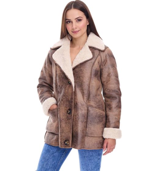 Giacca in similpelle da donna sostenibile con collo in finta pelle di agnello, giacca oversize, taglie forti 970065 Marrone