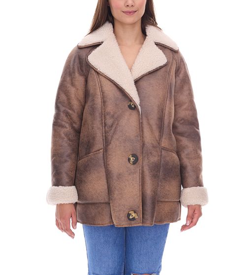 nachhaltige Damen Lederimitat-Jacke mit Kunstlammfell-Kragen Oversized-Jacke Große Größen 970065 Braun