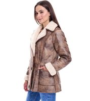 Chaqueta de piel sintética sostenible para mujer con cuello de piel de cordero sintética, chaqueta oversize, tallas grandes 970065 Marrón