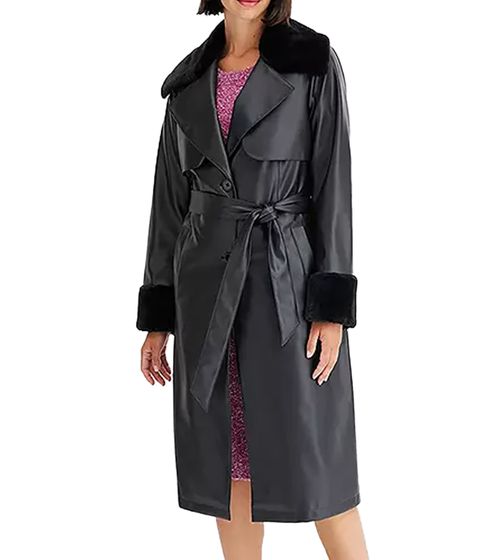 nachhaltiger Damen Lederimitat-Mantel mit Kunstfell Kragen Kunstleder-Jacke Frühlings-Mantel 959571 Schwarz