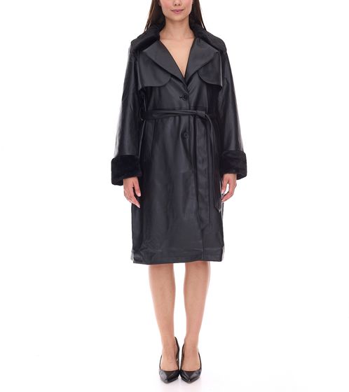 nachhaltiger Damen Lederimitat-Mantel mit Kunstfell Kragen Kunstleder-Jacke Frühlings-Mantel 959571 Schwarz