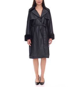 Abrigo de piel sintética sostenible para mujer con cuello de piel sintética, chaqueta de piel sintética, abrigo de otoño 959571 Negro