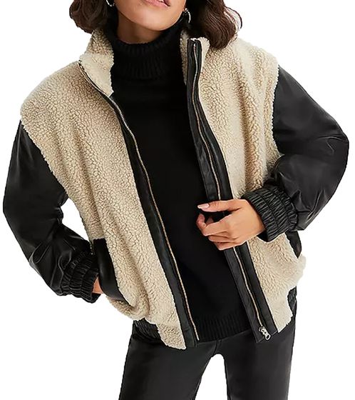 nachhaltige Damen Jacke weiche Teddyfell-Jacke mit Kunstleder Übergangs-Jacke 917726 Beige/Schwarz