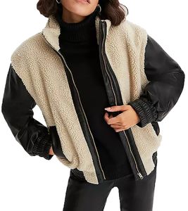 nachhaltige Damen Jacke weiche Teddyfell-Jacke mit Kunstleder Übergangs-Jacke 917726 Beige/Schwarz