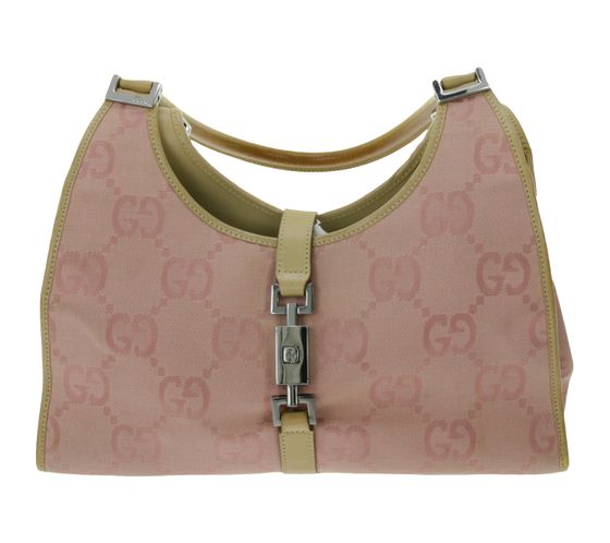 GUCCI Vintage Jackie Baguette Bag Canvas Handtasche mit Schulterriemen Echtleder Schultertasche Beige/Pink