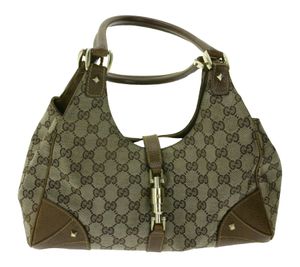 GUCCI Vintage Jackie Baguette Bag Canvas Handtasche mit Schulterriemen Echtleder Schultertasche Beige/Braun