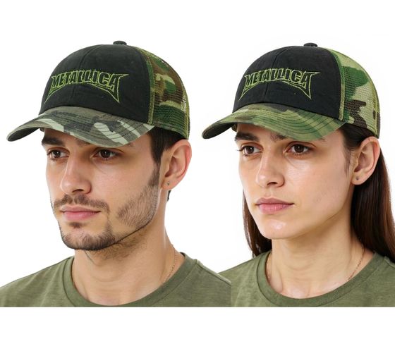 Cappellino da baseball METALLICA Metal Band, in cotone con ricamo "Metallica", cappellino da camionista, mimetico TC125115MET, nero/verde