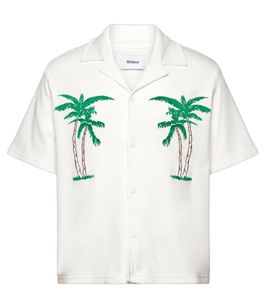 Nikben Long Beach Shirt Men's Viscose Shirt Short-Sleeved Shirt with Palm Print Loose Fit 6371 White