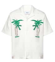 Nikben Long Beach Shirt Men's Viscose Shirt Short-Sleeved Shirt with Palm Print Loose Fit 6371 White