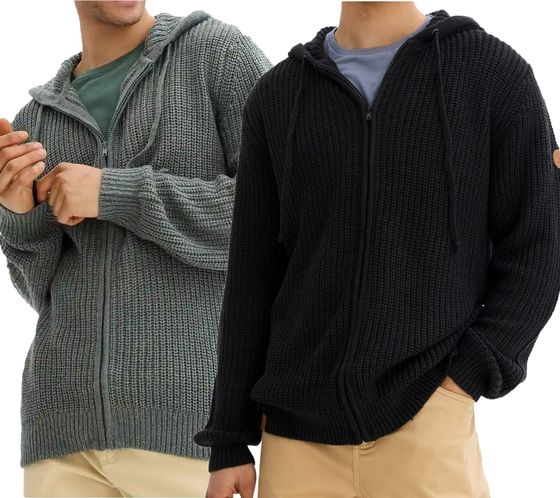 Men's beautiful basic hooded cardigan, chunky knit sweater in black or eucalyptus green