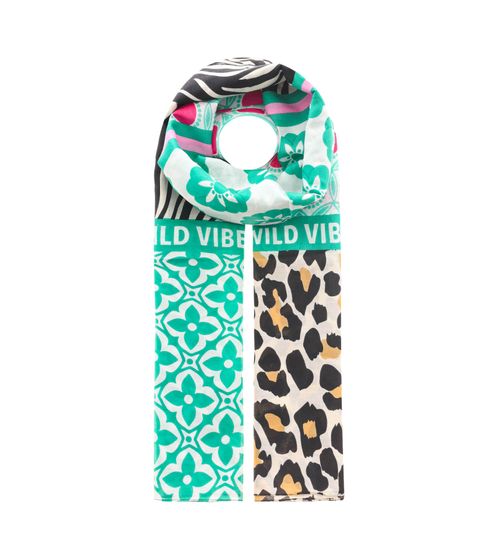 ZWILLINGSHERZ Wild Vibes Schal mit Blumen und Leo-Look Halstuch mit Seide Frühlings-Stola 3008S-0209-64 Grün/Schwarz/Braun/Pink