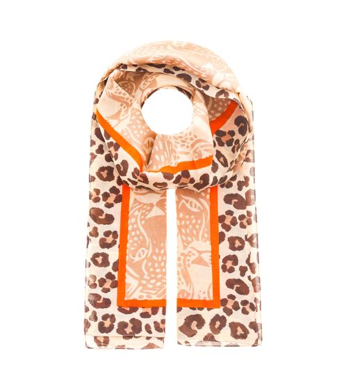 ZWILLINGSHERZ Leopard Faces Schal mit Leo-Look und Leoparden Gesichtern Halstuch mit Seide Frühlings-Stola 3008S-2608-29 Beige/Braun/Orange