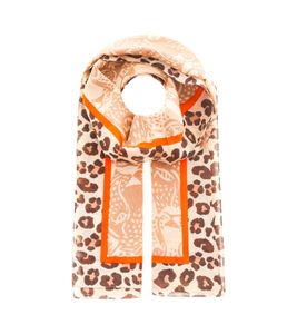 ZWILLINGSHERZ Leopard Faces Scarf with Leopard Print and Leopard Faces, Silk Spring Stole 3008S-2608-29 Beige/Brown/Orange