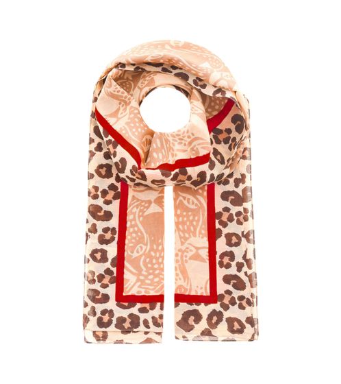 ZWILLINGSHERZ Leopard Faces Schal mit Leo-Look und Leoparden Gesichtern Halstuch mit Seide Frühlings-Stola 3008S-2608-61 Beige/Braun/Rot