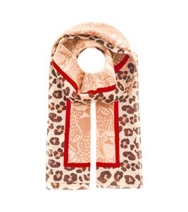ZWILLINGSHERZ Leopard Faces Scarf with Leopard Print and Leopard Faces, Silk Spring Stole 3008S-2608-61 Beige/Brown/Red