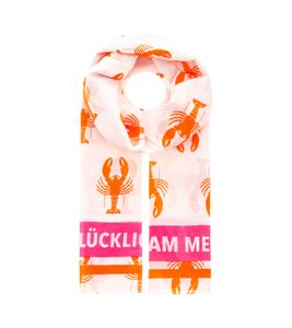 ZWILLINGSHERZ Happy by the Sea Scarf with Crabs and Lettering, Silk Spring Stole 3008S-2608-15 Orange/Pink/White