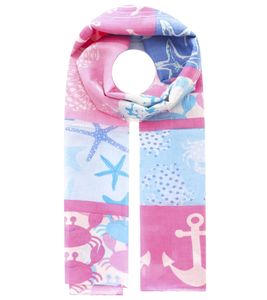 ZWILLINGSHERZ Maritime Pattern Mix Scarf with Crabs, Anchors, and Starfish Silk Spring Stole 3008S-1907-50 Pink/Blue