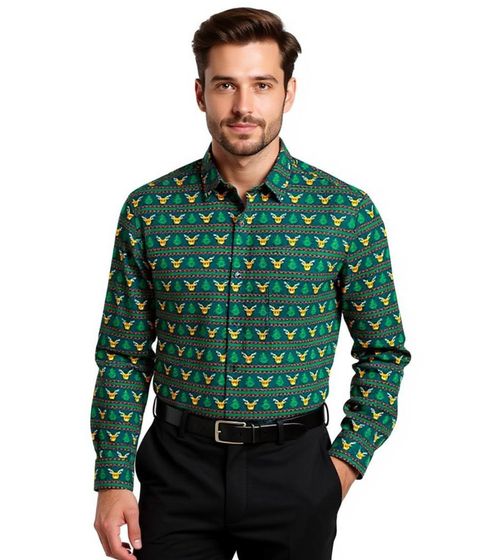 Camisa de manga larga para hombre con motivo navideño, algodón 961600 verde