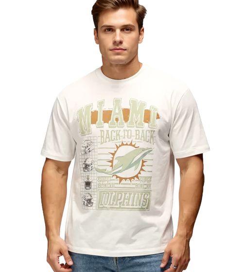 RE:COVERED X NFL Miami Dolphins Men's T-Shirt with Large Front Print, Cotton Shirt RCNFL1558, Ecru-White