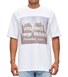 RE:COVERED X Twin Peaks Herren T-Shirt mit großem Front-Print Baumwoll-Shirt Kurzarm-Shirt RCVCM692 Weiß