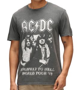 RE:COVERED X ACDC Men's T-Shirt Highway to Hell World Tour Cotton Shirt with Large Print Crew Neck Shirt MMPER863 Gray