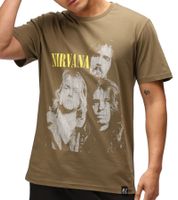 RE:COVERED X NIRVANA Men's Cotton T-Shirt with Large Band Print, Crew Neck, RCMERCT168 Khaki