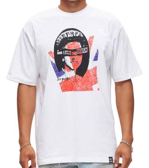 RE:COVERED X Sex Pistols Men's T-Shirt "God Save the Queen" Cotton Shirt with Large Print, Crew Neck, RCBVD3845 White