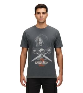 RE:COVERED X Chucky 2 Child's Play Men's T-Shirt with Doll Print, Cotton Crew Neck, RCUNV2572 Gray