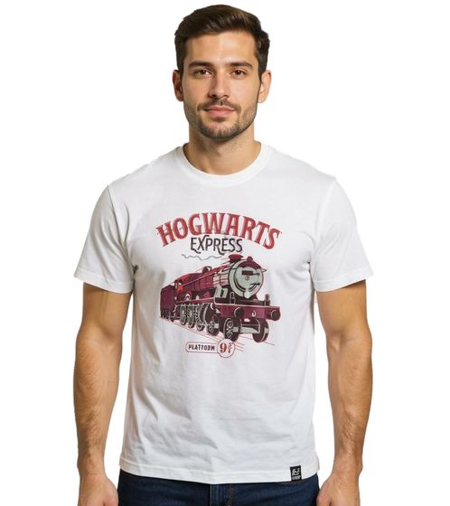 RE:COVERED X Harry Potter Herren T-Shirt Hogwarts Express Baumwoll-Shirt mit großem Zug RCWIZ560 Weiß