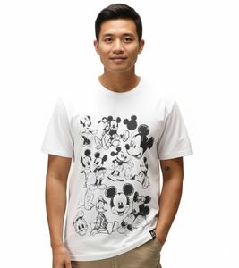 RE:COVERED X Disney Men's T-Shirt with Large Mickey Mouse and Friends Print, Round Neck, White RE:COVERED X Disney Men's T-Shirt with Large Mickey Mouse and Friends Print, Round Neck, White