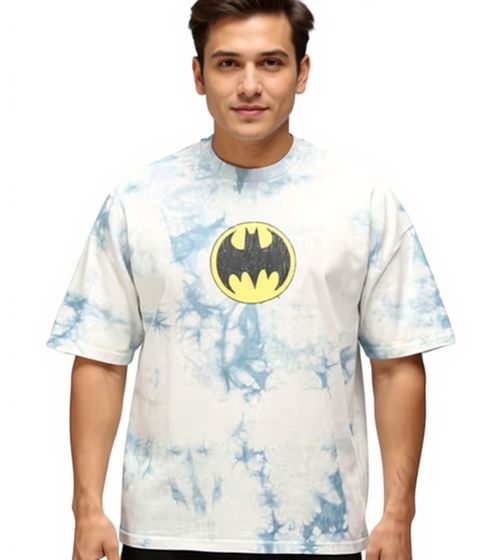 RE:COVERED X DC Men's T-Shirt BATMAN Split Cotton Shirt in Tie-Dye Design, Crew Neck, RCWARN553 Gray