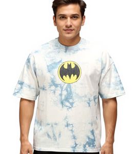 RE:COVERED X DC Men's T-Shirt BATMAN Split Cotton Shirt in Tie-Dye Design, Crew Neck, RCWARN553 Gray
