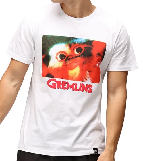 RE:COVERED X GREMLINS Herren T-Shirt mit großem Foto-Print Rundhals-Shirt RCWARN557 Weiß
