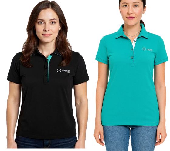 Mercedes-Benz AMG Petronas F1 MAPF1 Women's Cotton Polo Shirt with Team Logos and Color Accents Short-Sleeved Shirt 701227044 Turquoise Green or Black