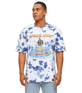 RE:COVERED X Space Jam Men's T-Shirt with Front Print in Tie-Dye Look, Cotton Crew Neck, RCWARN751 Blue