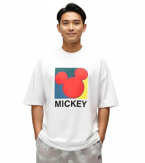RE:COVERED X Disney Herren T-Shirt mit großem Mickey Mouse Print Baumwoll-Shirt Rundhals RCDIF2053 Weiß