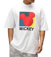 RE:COVERED X Disney Men's T-Shirt with Large Mickey Mouse Print, Round Neck, White