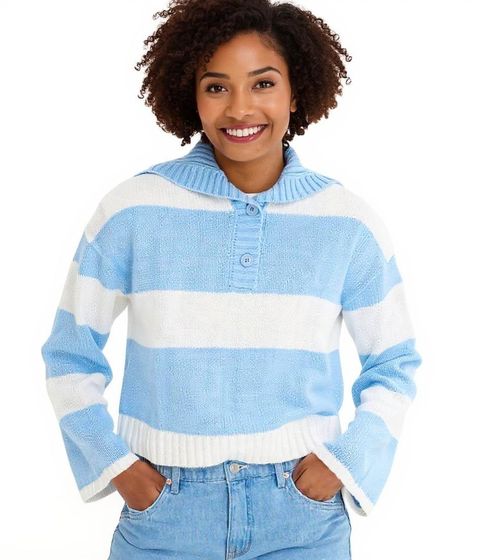 Women's Knitted Sweater with Buttons, Striped Cotton Sweater 971190 White/Light Blue